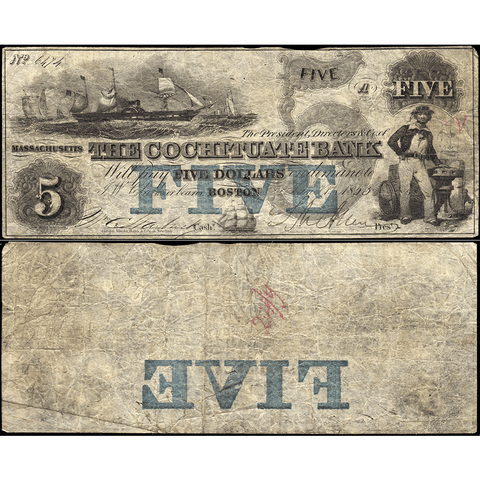 1853 Cochituate Bank $5 with Blue Overprint Boston, Massachusetts MA-130 G8d - Fine