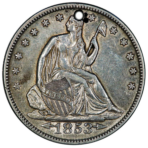 1853 Arrows & Rays Seated Liberty Half Dollar - About Uncirculated Detail (holed)
