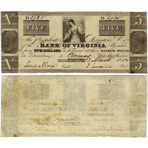 1854 $5 Bank of Virginia, Fredericksburg Jones BR130-34 - Very Fine