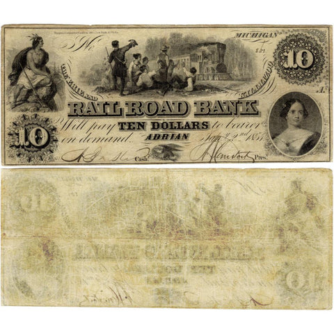 1857 $10 Erie & Kalamazoo Rail Road Bank Adrian Michigan MI10-G38 - Very Fine