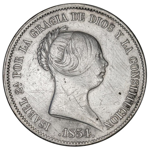 1854 Spain Silver 20 Reales Isabel II KM.593.2 - Very Fine (Harshly Cleaned)