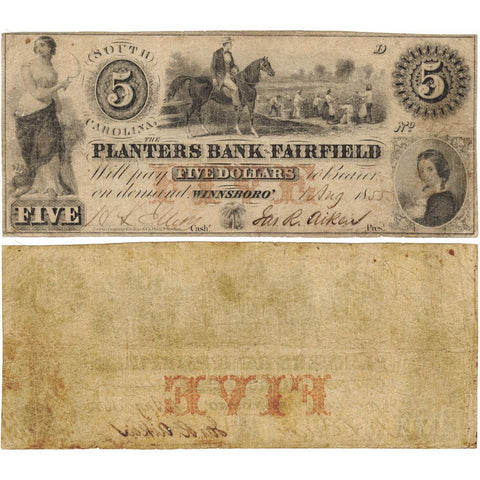 1855 $5 Planters Bank of Fairfield South Carolina Note - Fine