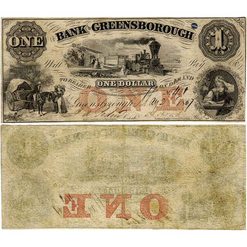 1857 $1 Bank of Greensborough Georgia Ga-165-G2a - Fine+