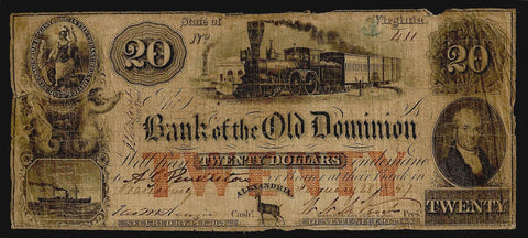 1857 $20 Bank of the Old Dominion Alexandria, VA (Scarce) ~ Very Good/Fine
