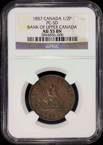 1857 Bank of Upper Canada Half Penny Token PC-5D Medium 0 - NGC AU 55 BN