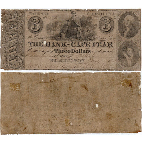 1857 $3 Bank of Cape Fear, Wilmington NC (at Washington) NC-90-G492a - Apparent Fine