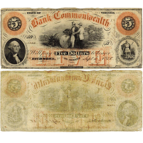 1858 $5 Bank of the Commonwealth, Virginia Obsolete Bank - Fine