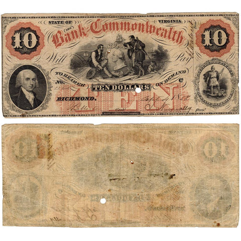 1858 $10 Bank of the Commonwealth, Virginia Obsolete Bank - Fine