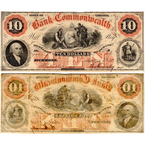 1858 $10 Bank of the Commonwealth, Virginia Obsolete Bank - XF/AU