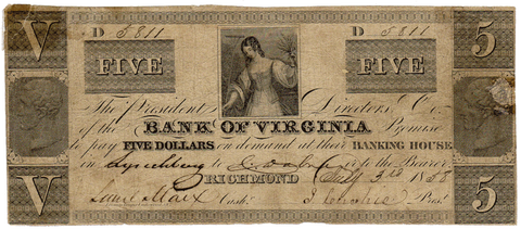1858 $5 Bank of Virginia, Richmond Payable at Lynchburg VA-200-G284 ~ Net Fine