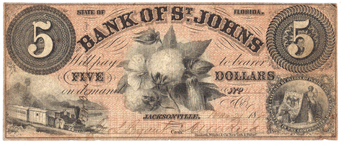 1859 $5 Bank of St. Johns $5 Jacksonville, Florida FL-30-G2b ~ Very Fine