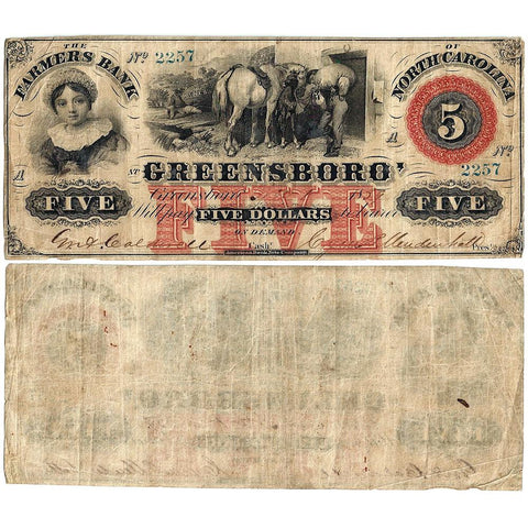 1859 $5 Farmers Bank of Greensboro NC - Haxby NC25-G6a - Very Fine