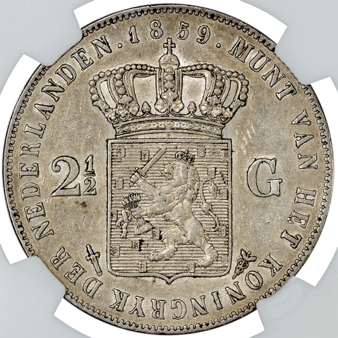 1859-Sword Netherlands Silver 2 1/2 Gulden KM.82 - NGC AU 55