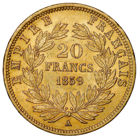 1859-A French Napoleon 20 Franc Gold Coin KM.781.1 - About Uncirculated