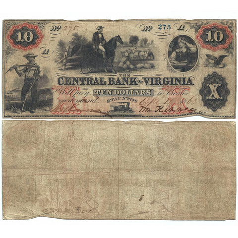 1860 $10 Central Bank of Virginia, Staunton Obsolete Bank Note - Fine
