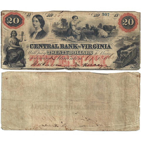 1860 $20 Central Bank of Virginia, Staunton Obsolete Bank Note - Fine