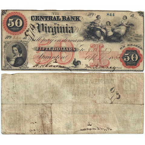 1860 $50 Central Bank of Virginia, Staunton Obsolete Bank Note - Fine