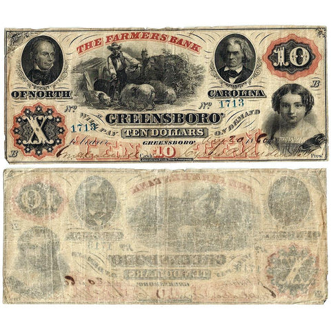 1860 $10 Farmers Bank of Greensboro NC - Haxby NC25-G8a - Very Fine