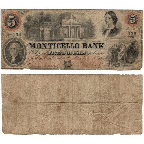 1860 Monticello Bank $5 Charlottesville, VA Haxby VA-45-G14a - Very Good