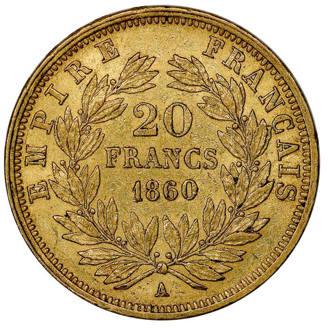 1860-A French Napoleon 20 Franc Gold Coin KM.781.1 - Choice About Uncirculated