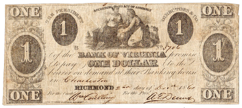 1861 $1 Bank of Virginia, Richmond VA-200-G62a ~ Fine