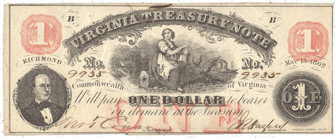 1862 $1 Virginia Treasury Note Cr.17 ~ Crisp Very Fine
