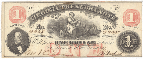 1862 $1 Virginia Treasury Note Cr.17 ~ XF/AU