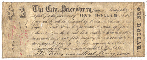 1861 $1 City of Petersburg, Virginia (Civil War Issue) ~ Fine/Very Fine