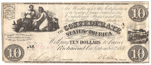 T-28 Sept. 2 1861 $10 Confederate States of America (C.S.A.) PF-9/Cr.235 ~ Very Fine