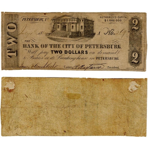 1861 $2 Bank of the City of Petersburg, Virginia (Civil War Issue) - Very Good