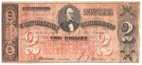 1861 $2 Corporation of Richmond, Virginia - Very Fine
