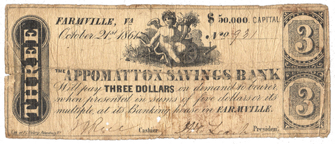 1861 $3 Appomattox Savings Bank Farmville Virginia BF15-20 ~ Very Good/Fine