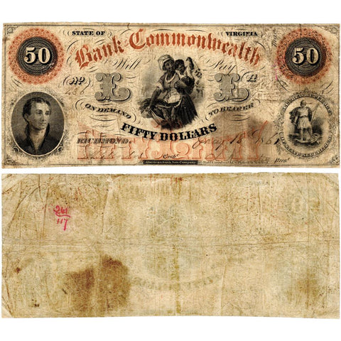 Scarce 1861 $50 Bank of the Commonwealth, Virginia G8a - Very Good