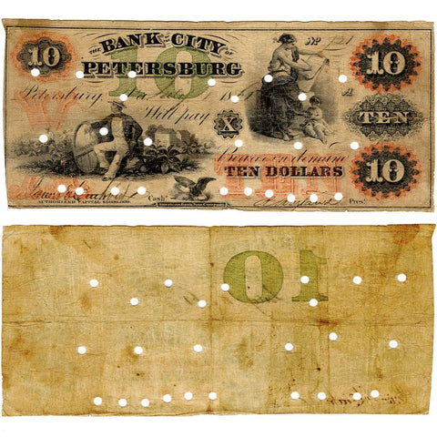1861 $10 Bank of the City of Petersburg, Virginia (Civil War Issue) - Fine (PC)