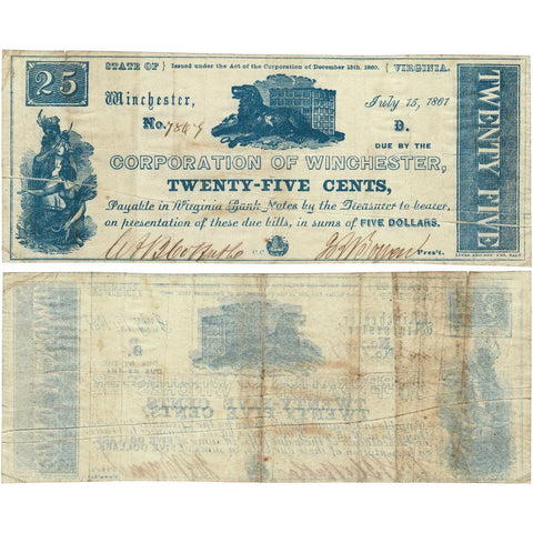 1861 25¢ Corporation of Winchester, VA JL TW10-14 - Very Fine w/ Gutter Fold Error