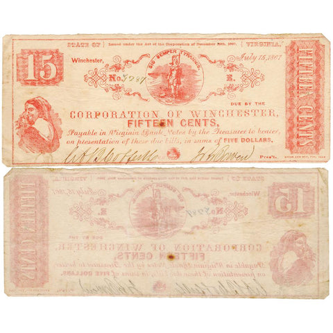 1861 15¢ Corporation of Winchester, VA Civil War Scrip - Fine (Lg Note Fractional)