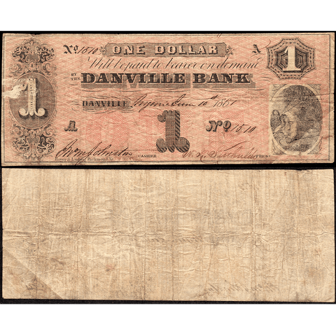1861 $1 Danville Bank Civil War Emergency Issue, Virginia VA65-G10a - Very Good