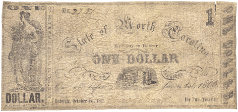 1861 $1 State of North Carolina Raleigh October 1st, Cr. #24 - Apparent Very Good