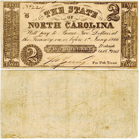 1861 $2 State of North Carolina Raleigh October 6th Cr. 22 - Fine+