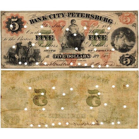 1861 $5 Bank of the City of Petersburg, Virginia (Civil War Issue) - Fine+ (PC)