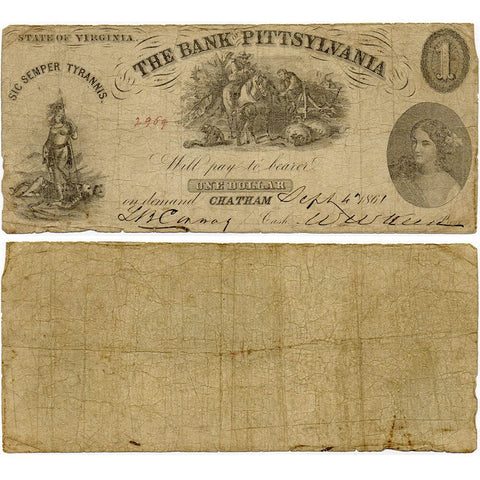 1861 $1 Bank of Pittsylvania, Chatham Branch, Virginia VA-50-G14 - Very Good