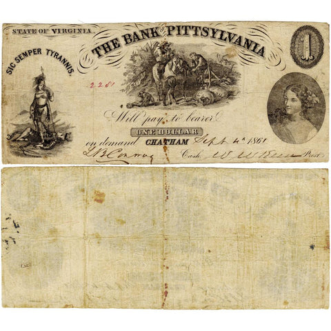1861 $1 Bank of Pittsylvania, Chatham Branch, Virginia VA-50-G14 - Fine