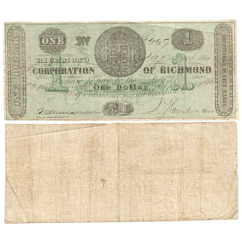 1861 $1 Corporation of Richmond, Virginia TR05-21 ~ Very Fine