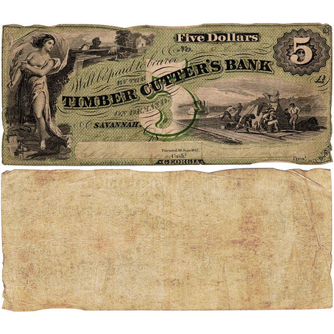 1861 $5 Timber Cutter's Bank Savannah Georgia - Fine