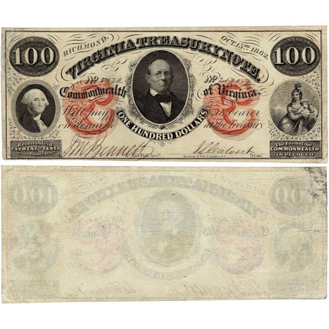 1862 $100 Virginia Treasury Note Cr.6 - Very Fine