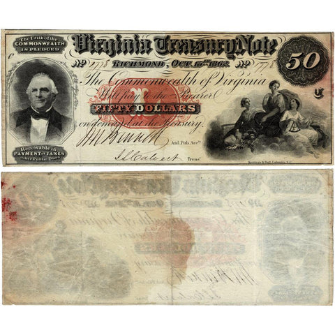 1862 $50 Virginia Treasury Note Cr. 7 - Very Fine