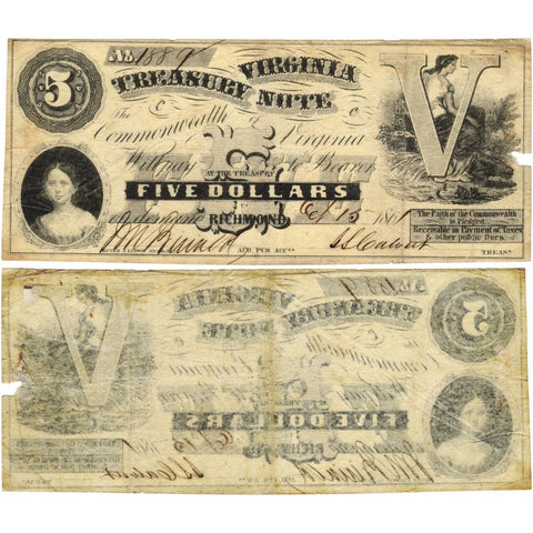 1861 $5 Virginia Treasury Note Cr.5 - Apparent Very Fine - First Issue