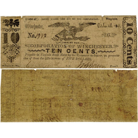 1861 10¢ Corporation of Winchester, VA - Very Good (mesh backed)