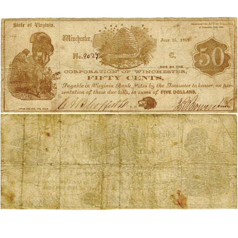 1861 50¢ Corporation of Winchester, VA Civil War Scrip - Fine (Lg Note Fractional)