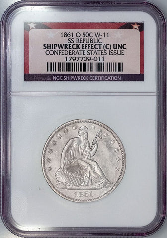 1861-O Seated Liberty Half Dollar CSA Issue W-11 S.S. Republic - NGC Unc (Shipwreck)